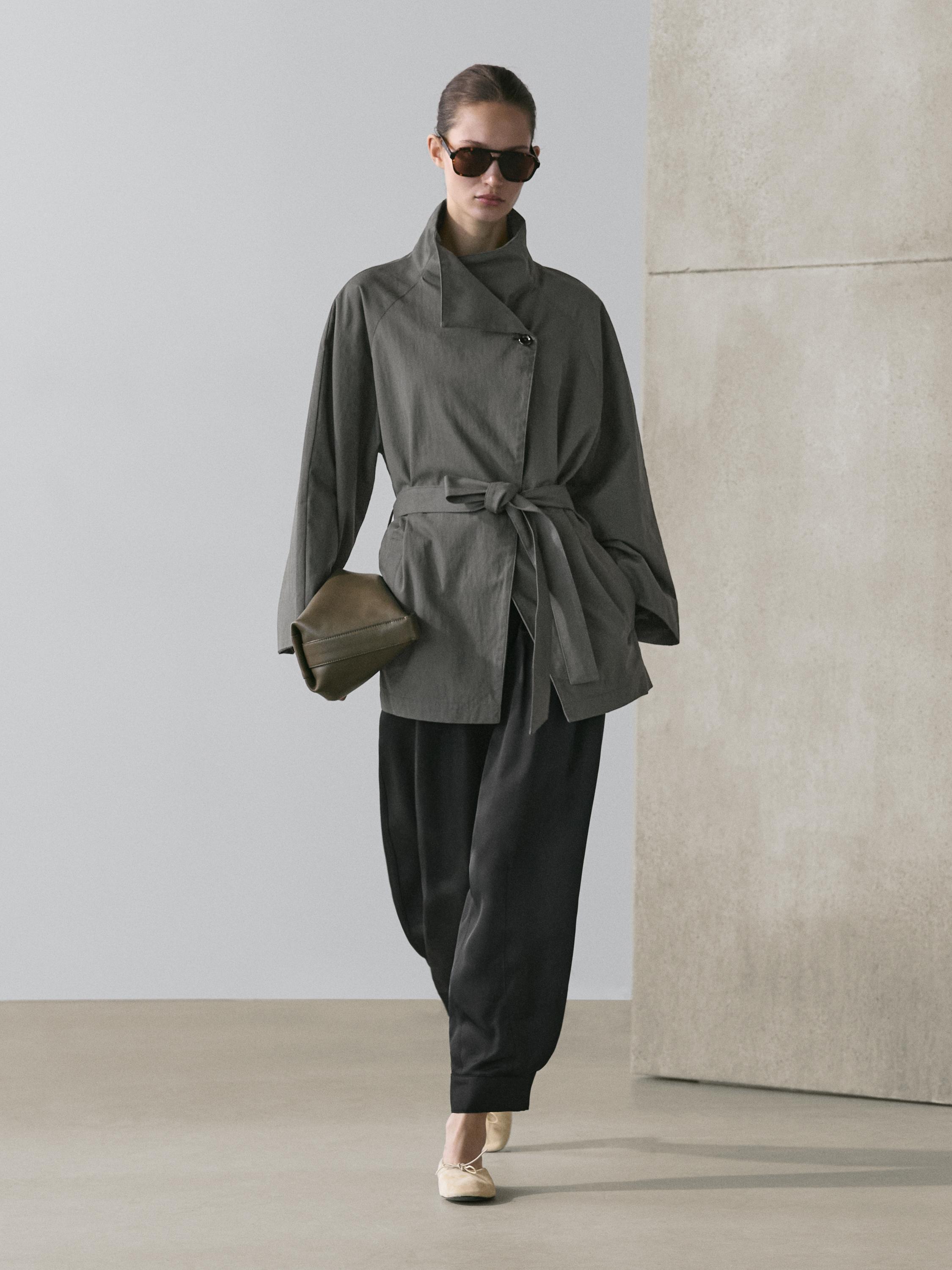 Trench court ceinture coton mélangé