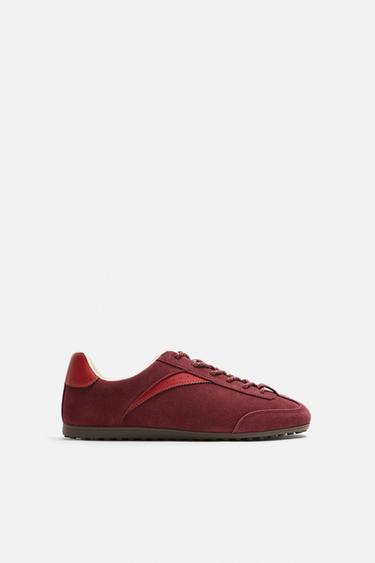 Zara LEATHER SNEAKERS - Burgundy Red