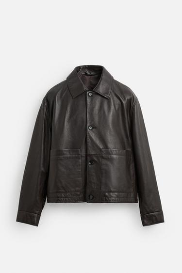 Zara POCKET LEATHER JACKET - Brown