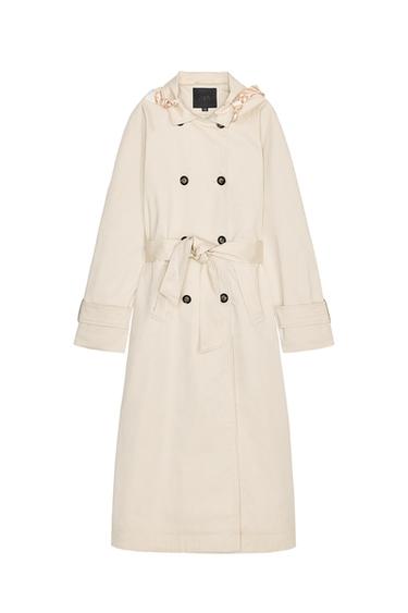 Front view of a beige double-breasted coat with a tied belt.