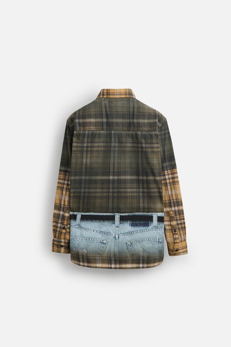 Rear view of a checked shirt with a jeans print at the bottom.