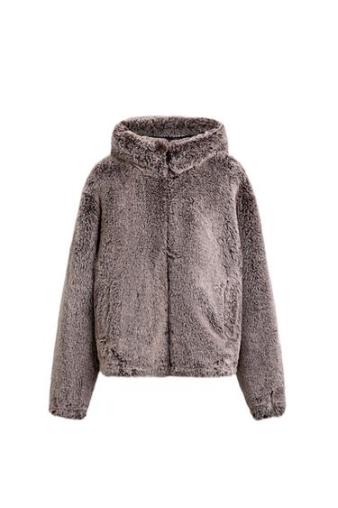 FAUX FUR HOODIE JACKET - Brown / Taupe by Zara - Image 0