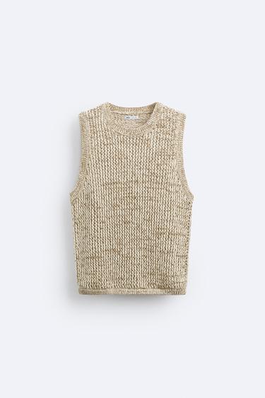 DÉBARDEUR EN MAILLE STRUCTURÉE CONTRASTÉE - Vert huile de Zara