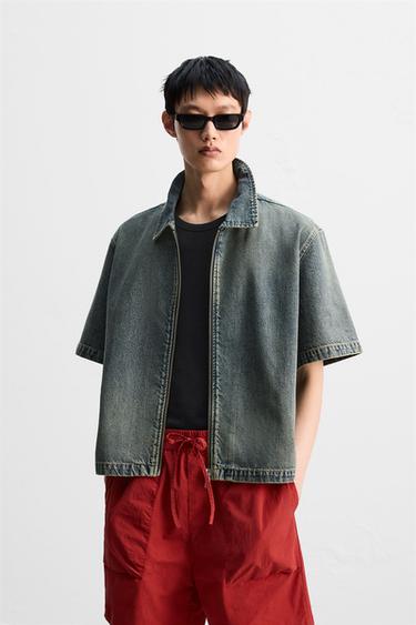 DENIM ZIP-UP SHIRT - Blue / Green by Zara