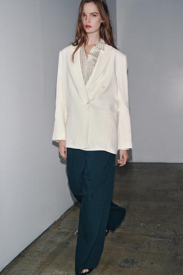 Zara ZW COLLECTION LINEN BLEND DOUBLE BREASTED BLAZER - Ecru