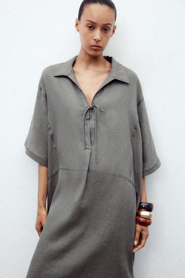 VESTIDO KAFTÁN LINO 100% ZW COLLECTION - Gris de Zara