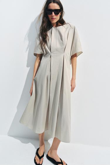 Zara ZW COLLECTION PLEATED POPLIN DRESS - Light gray