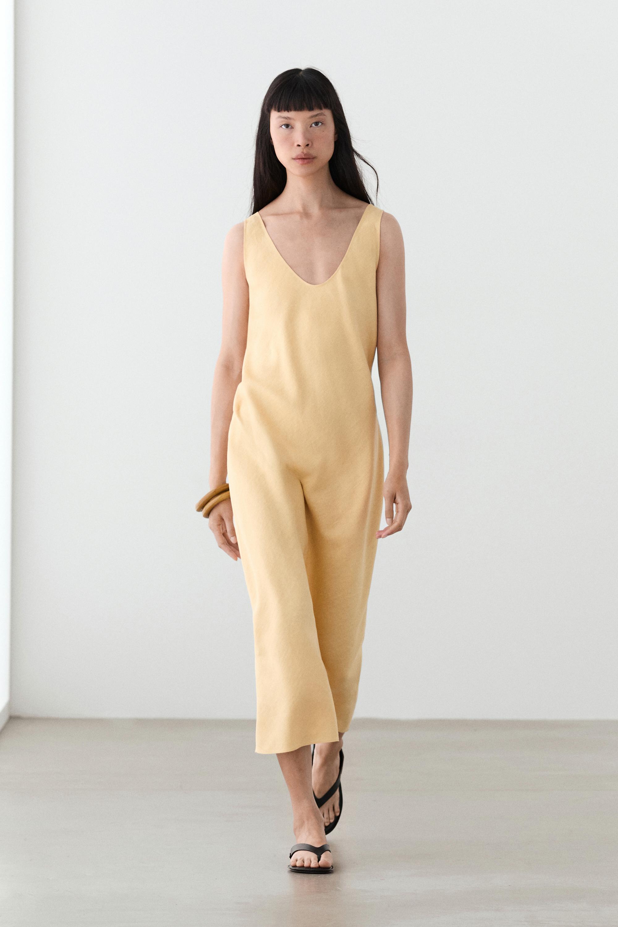 100% linen strappy midi dress — Yellow
