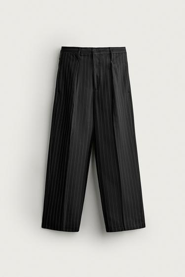 Zara 細條紋打褶西裝長褲 - 黑色