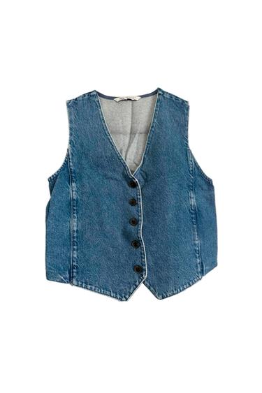 Blue denim waistcoat with a V-neck and dark button fastening to the front, presented on a white background.