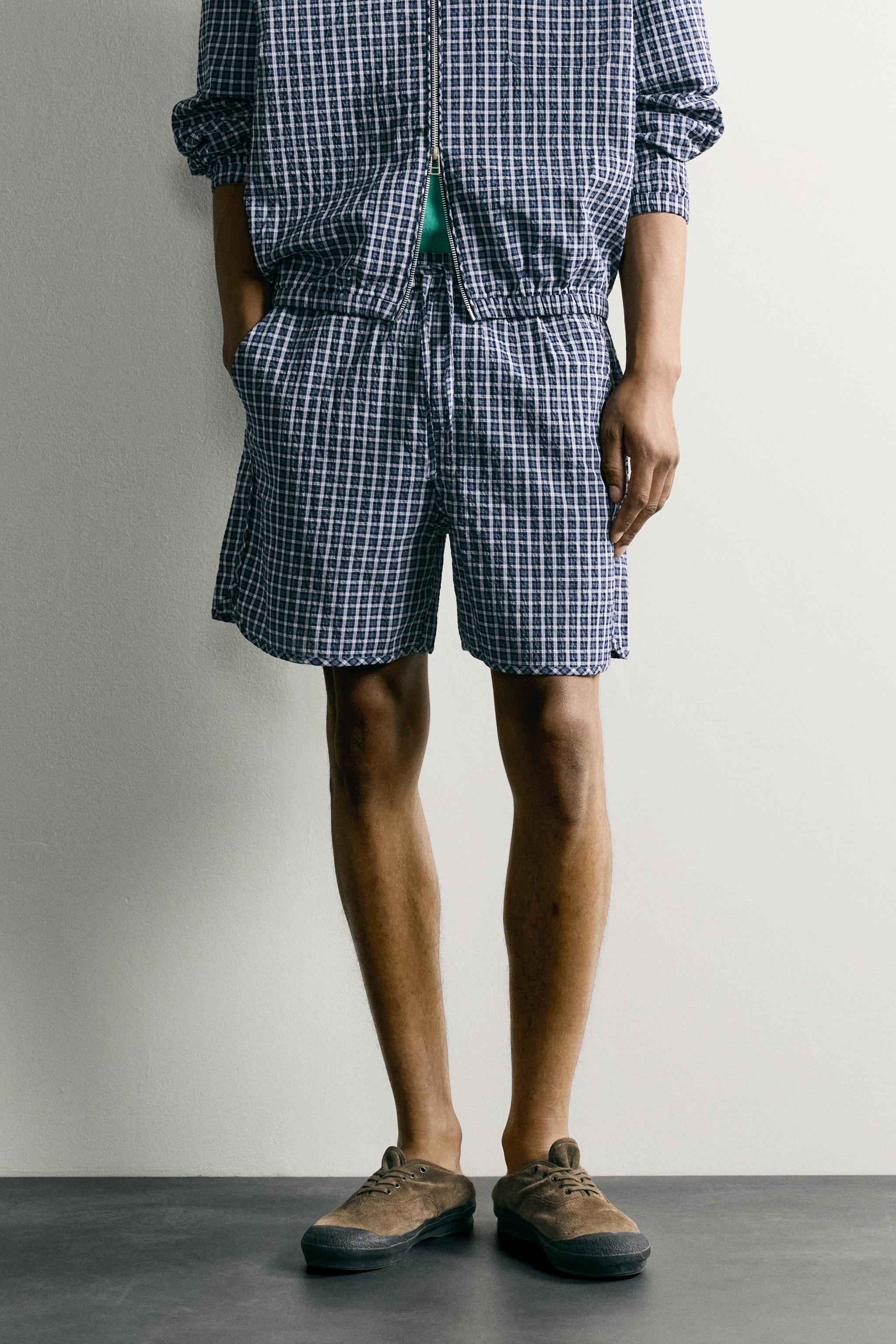 TEXTURED CHECK SHORTS — Blue