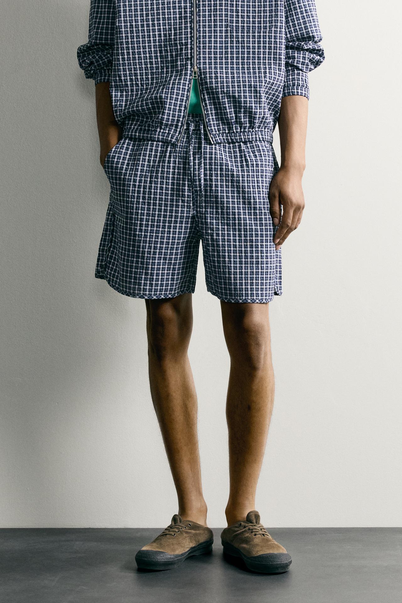 TEXTURED CHECK SHORTS — Blue