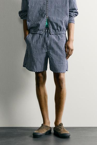 Zara TEXTURED CHECK SHORTS - Blue