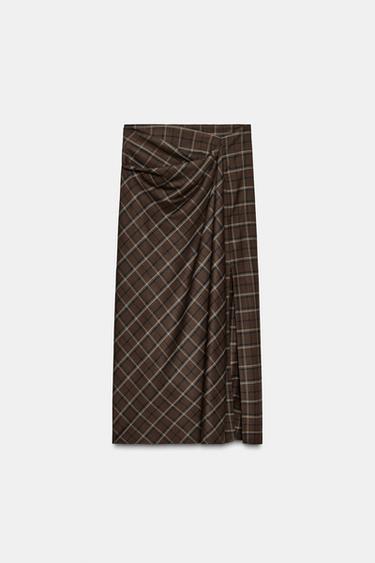 ZW COLLECTION DRAPED CHECK SKIRT - Brown by Zara - Image 4