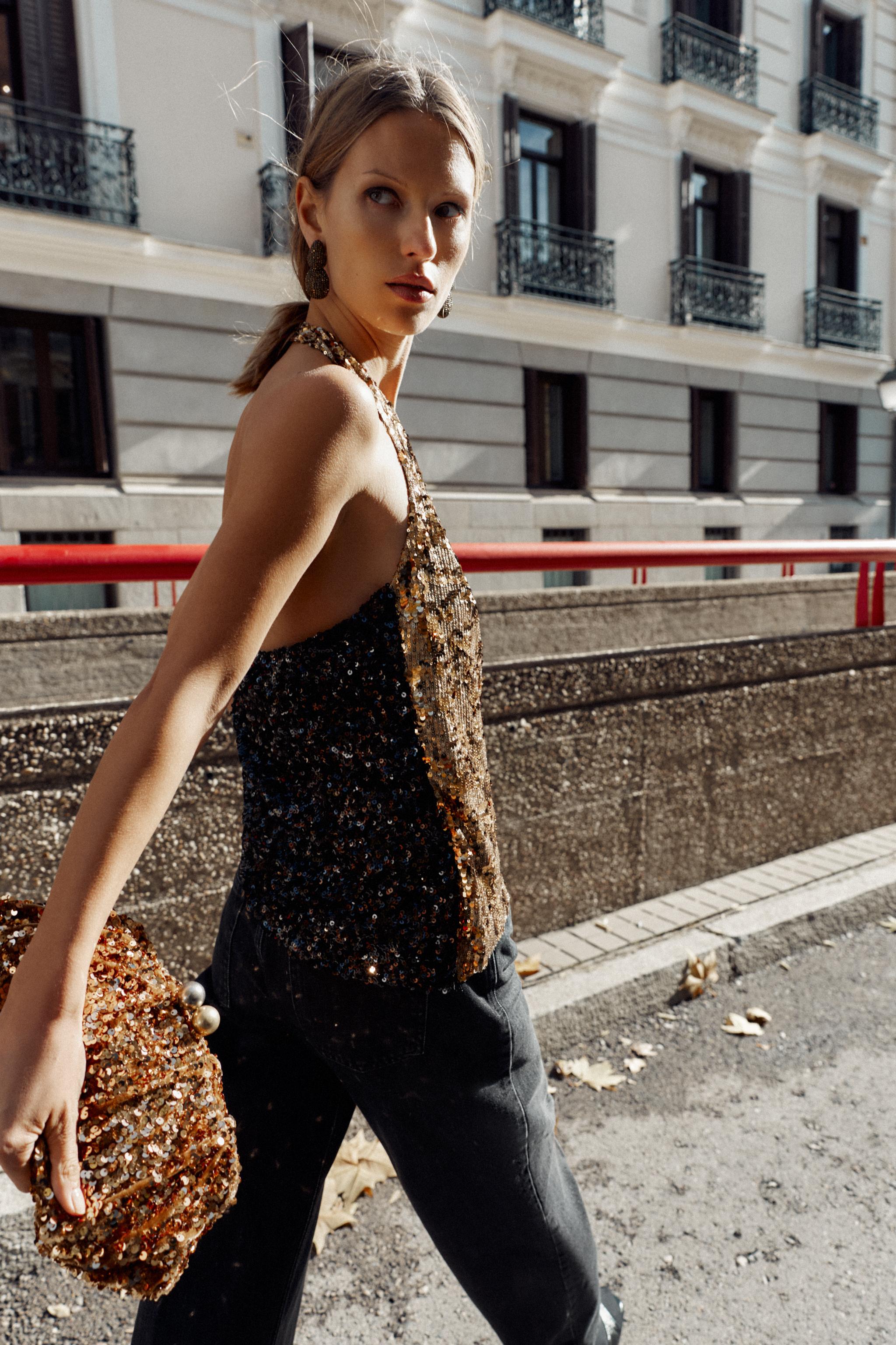 COMBINED SEQUIN HALTER TOP - Gold | ZARA Canada