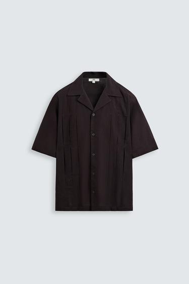 Zara PLEATED COTTON-LINEN SHIRT - Dark brown
