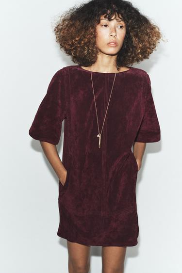 100% LEATHER SUEDE SHORT DRESS - Burgundy by Zara