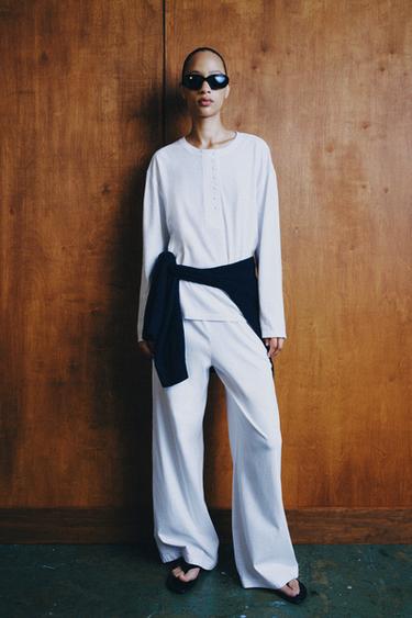 HENLEY T-SHIRT WITH LINEN BLEND - White by Zara