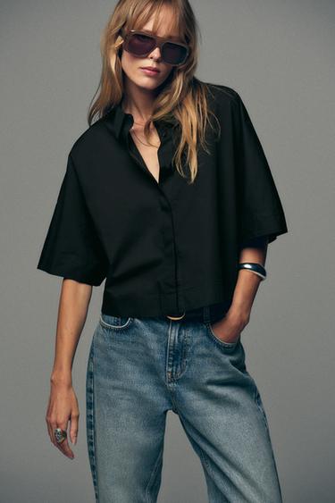 CHEMISE EN POPELINE À MANCHES LARGES - Noir de Zara - Image 1