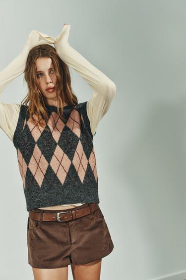 جيليه سترة محاكة بمعينات - عقيق رمادي الخاص بـ Zara