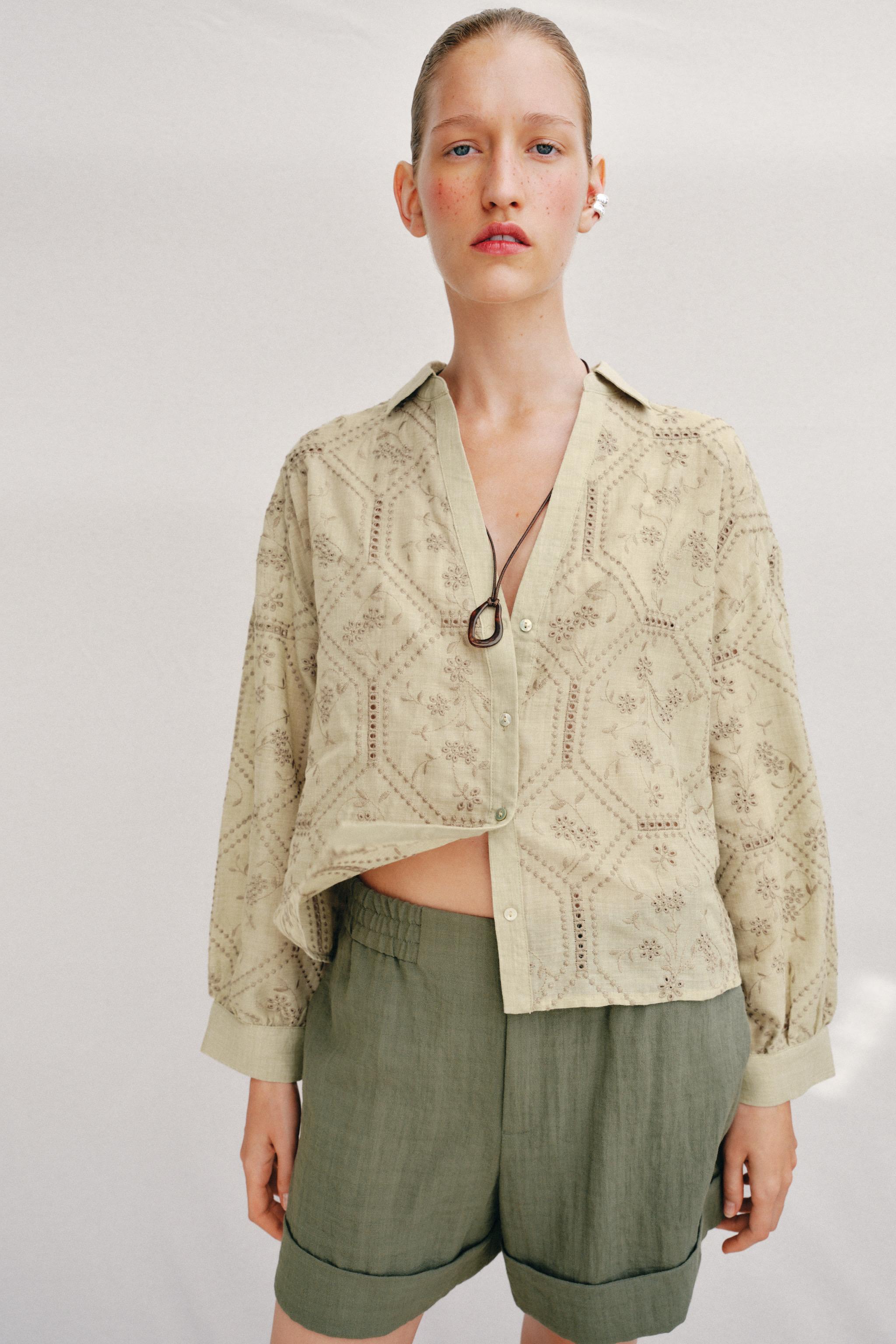 EMBROIDERED EYELET SHIRT — Light khaki