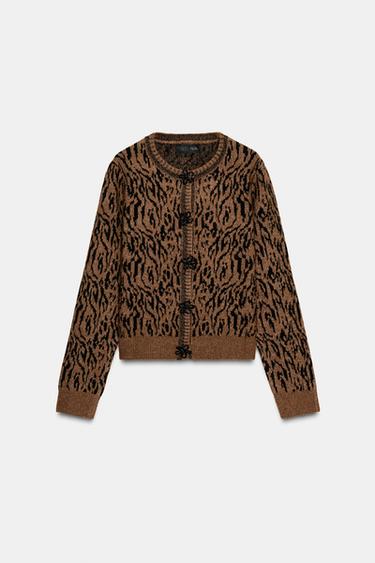 Zara ANIMAL JACQUARD KNIT CARDIGAN - Multicolored