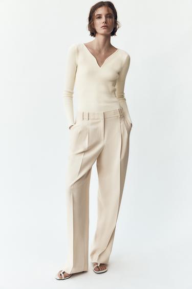 Zara PLEATED WIDE LEG PANTS - Sand