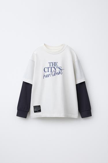 Zara DOUBLE SLEEVE CONTRAST TEXT T-SHIRT - Ecru / Blue