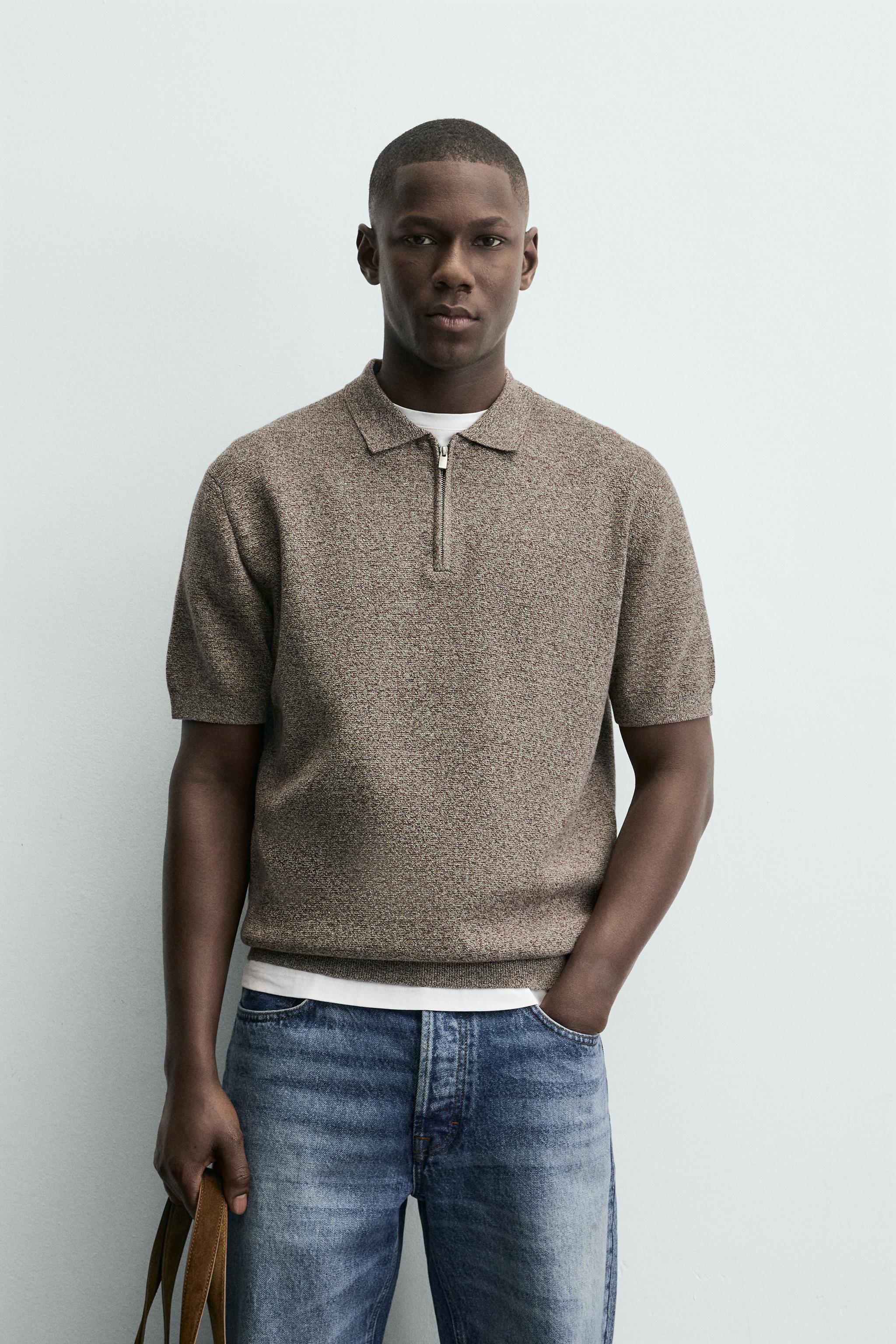KNIT POLO SHIRT WITH ZIP - brown/white | ZARA Singapore