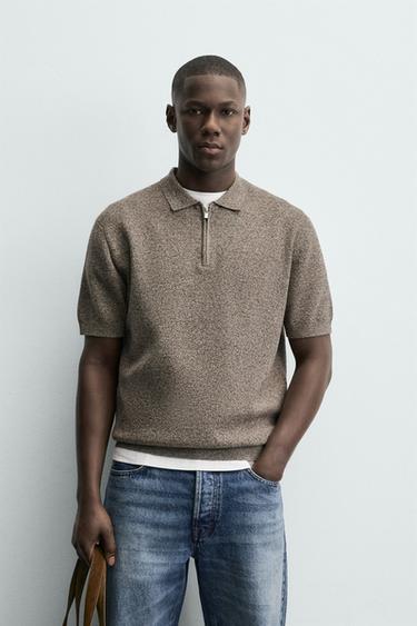 Zara KNIT ZIP POLO SHIRT - Brown / White