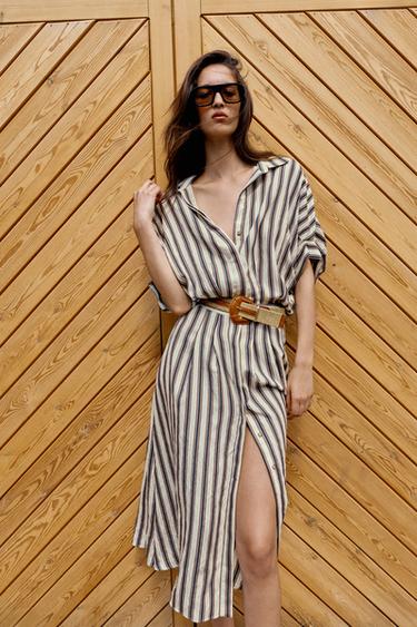 STRIPED BELTED MIDI DRESS - Ecru / Navy by Zara