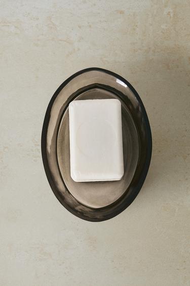 SMOKY TEXTURED GLASS BATHROOM SOAP DISH - Brown by Zara