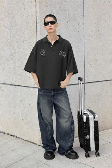 Zara 扭轉車縫吊襠牛仔褲 - 中藍色
