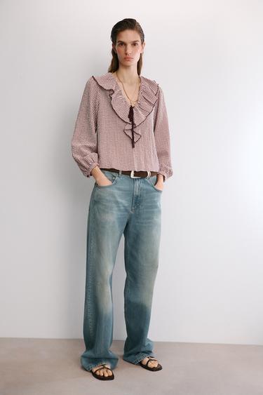 BLUSA VOLANTES CUADRO VICHY - burdeos/crudo de Zara