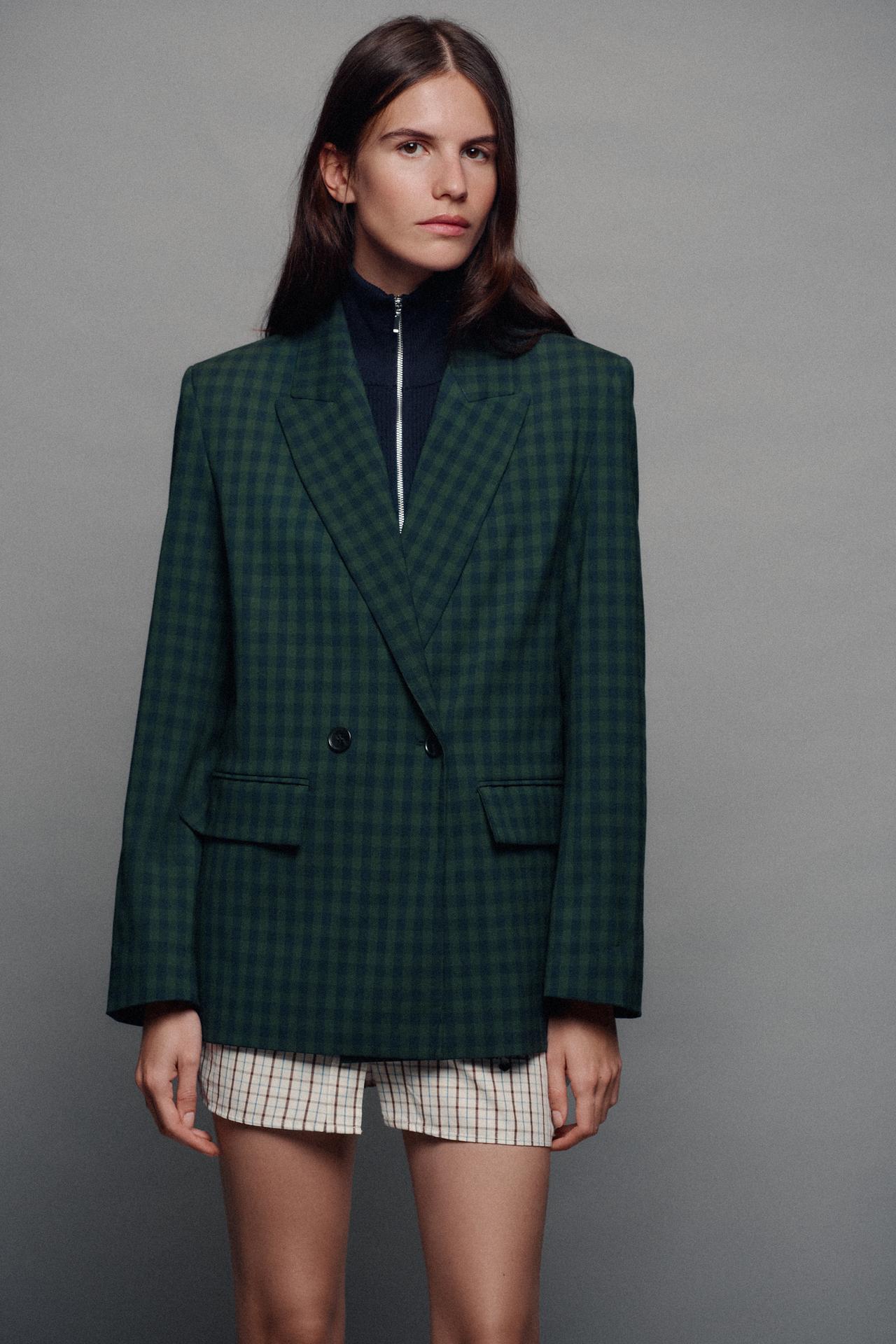 CHECKED DOUBLE-BREASTED BLAZER — Green / Blue
