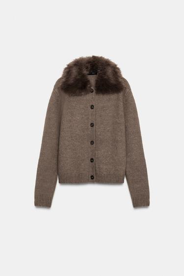 GILET EN MAILLE AVEC REVERS EFFET FOURRURE - Vison chiné de Zara - Image 5