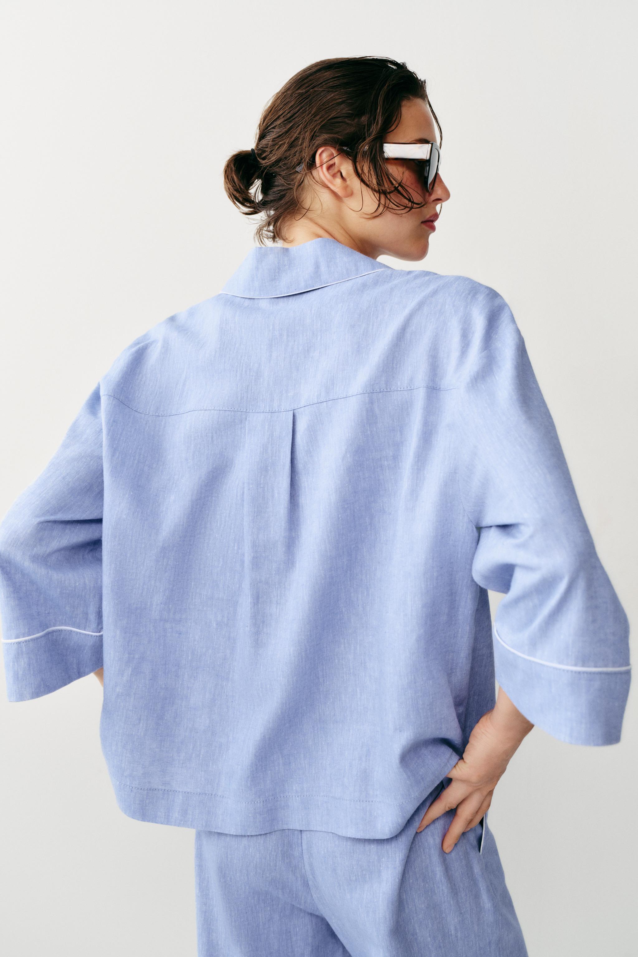 Женские блузки Zara LINEN BLOUSE WITH CONTRAST PIPING — фото 5