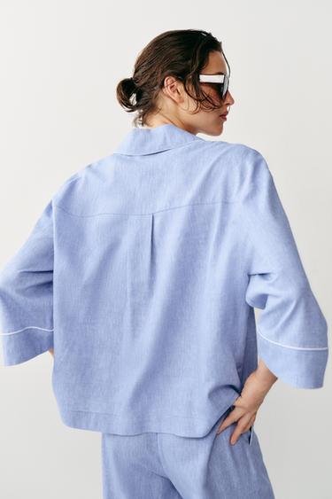 LINEN BLEND BLOUSE WITH PIPING - Light blue by Zara - Image 4