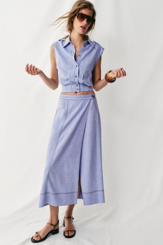 Zara LINEN TOP AND MIDI SKIRT SET - Dark beige - Image 0