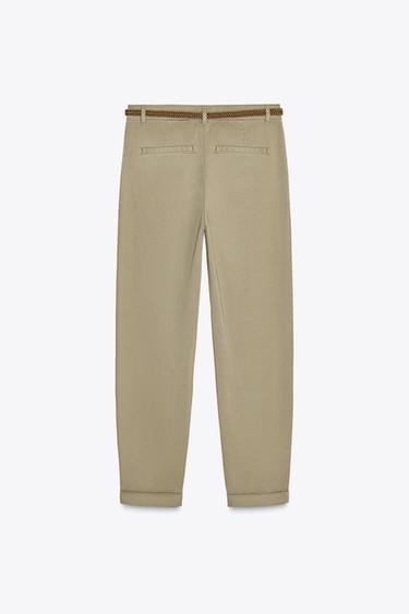 PANTALON CHINO AVEC CEINTURE TRESSÉE - Kaki clair de Zara - Image 4