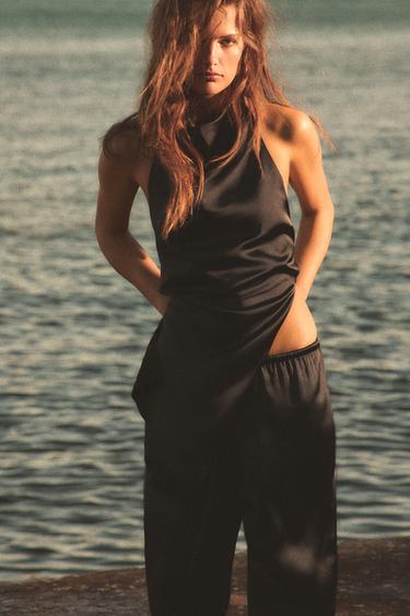 Zara DRAWSTRING SATIN PANTS - Black