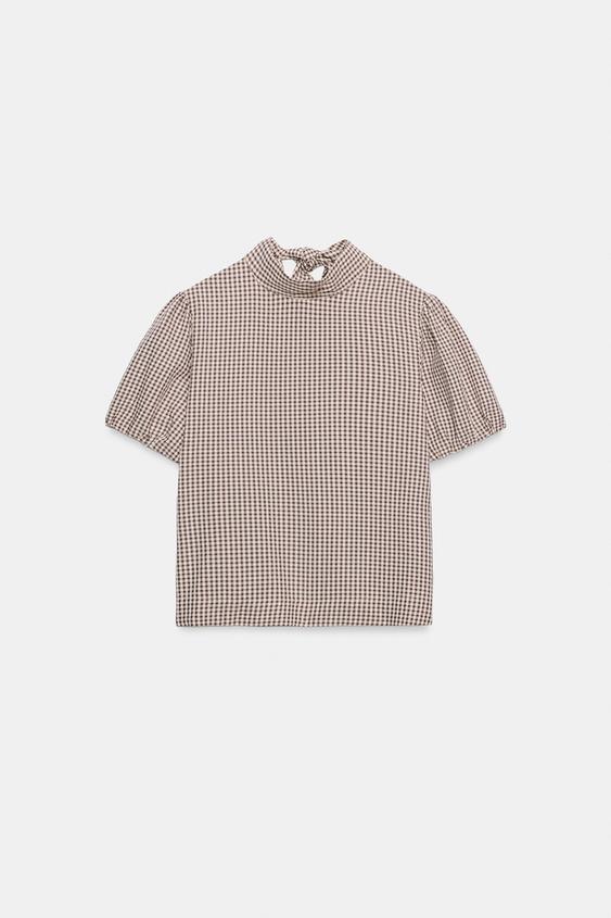 CHECK SHIRT WITH BOW - Ecru / Brown by Zara - Image 0