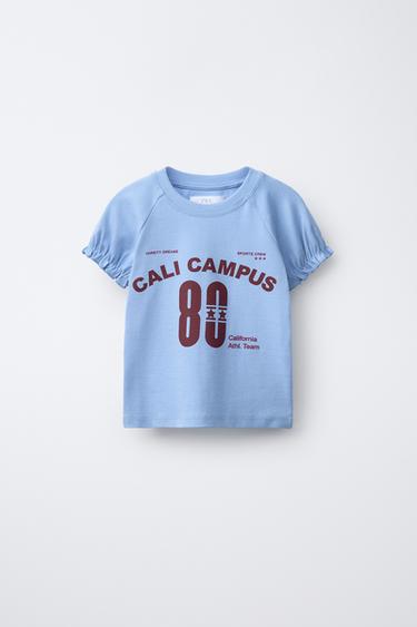 PUFF SLEEVE T-SHIRT WITH SLOGAN - Mid-blue by Zara