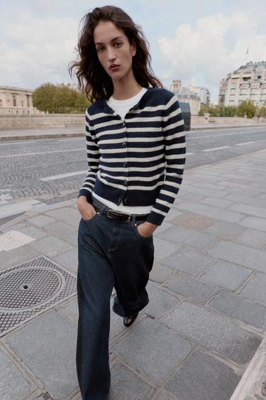 GILET EN MAILLE RAYÉ - Écru / Bleu de Zara - Image 2