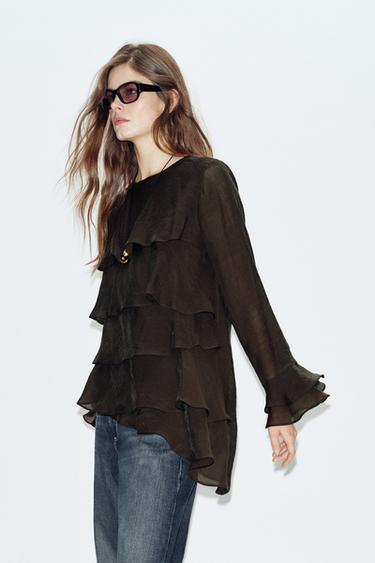 ASYMMETRIC RUFFLED TOP - Brown by Zara