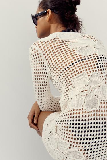 FLORAL CROCHET KNIT DRESS - Ecru by Zara - Image 5