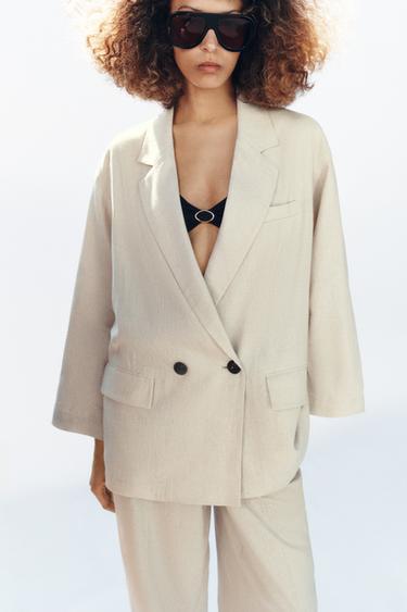 VESTE À BOUTONNAGE CROISÉ AVEC LIN - Beige clair de Zara - Image 3
