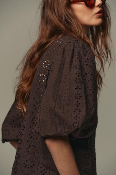 SHIRT WITH CUTWORK EMBROIDERY AND PUFF SLEEVES - Brown by Zara - Image 4