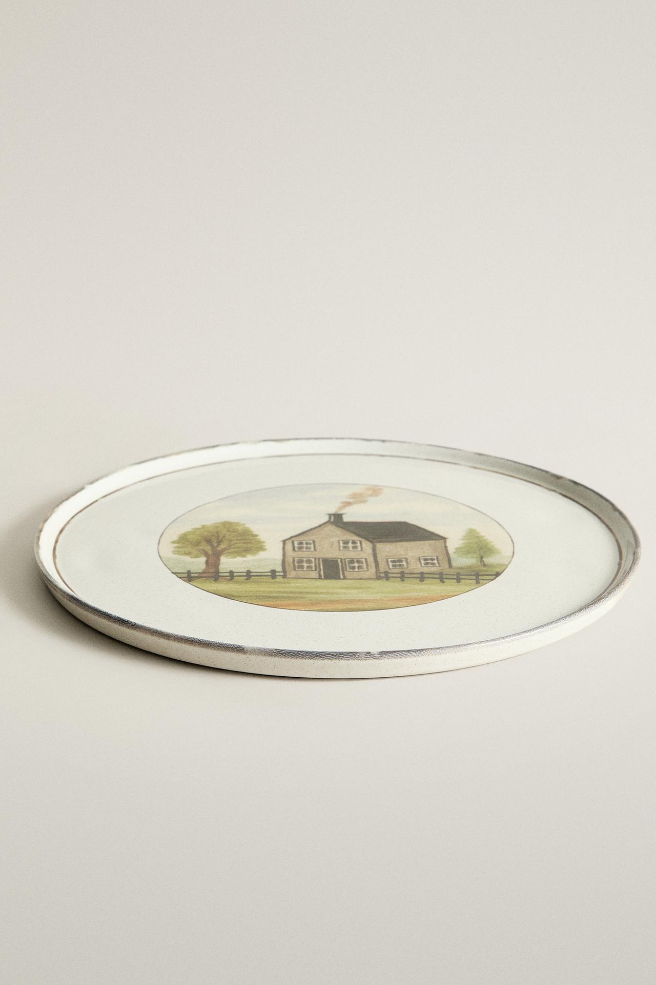 STONEWARE LITTLE HOUSE DINNER PLATE — Blue grey