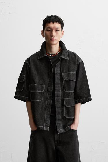 Zara DENIM SHIRT WITH POCKETS - Black